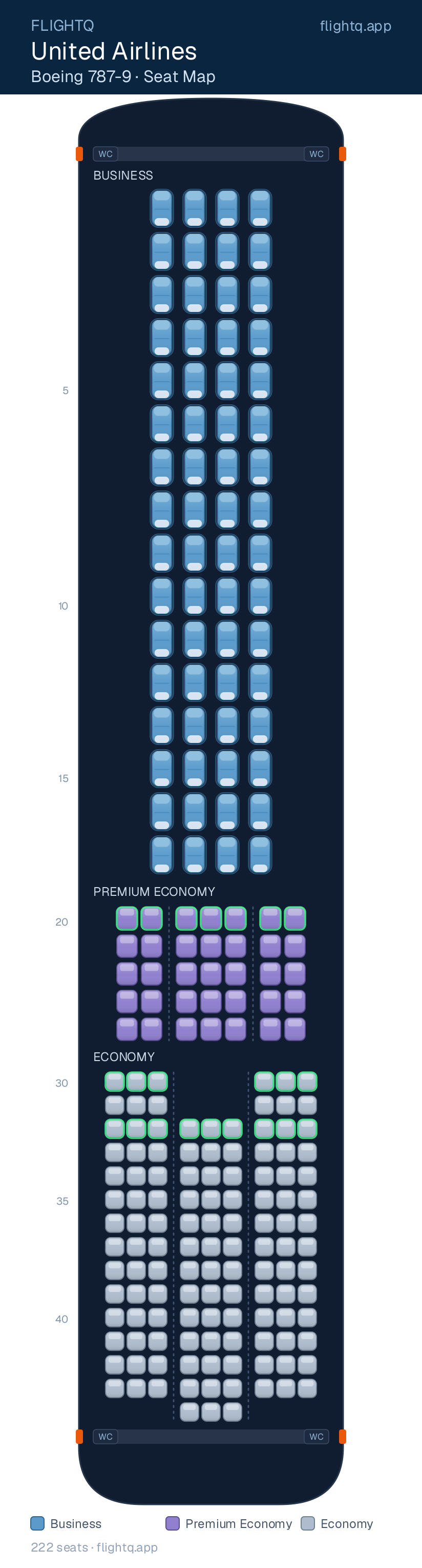 United Airlines Boeing 787-9 Dreamliner seat map with 222 seats across 3 cabins — best seats and rows to avoid