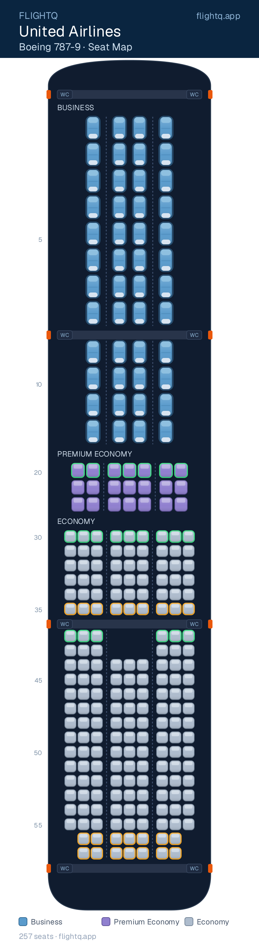 United Airlines Boeing 787-9 Dreamliner seat map with 257 seats across 3 cabins — best seats and rows to avoid