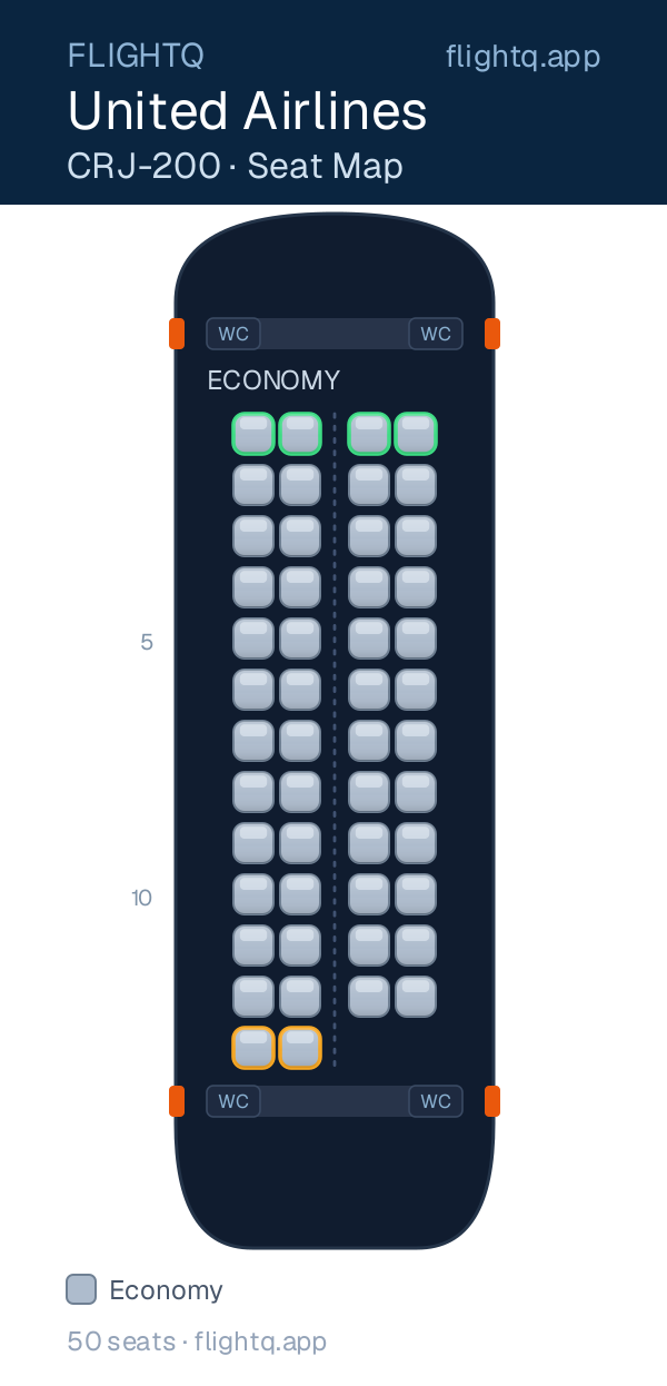 United Airlines Bombardier CRJ200 seat map with 50 seats — best seats and rows to avoid