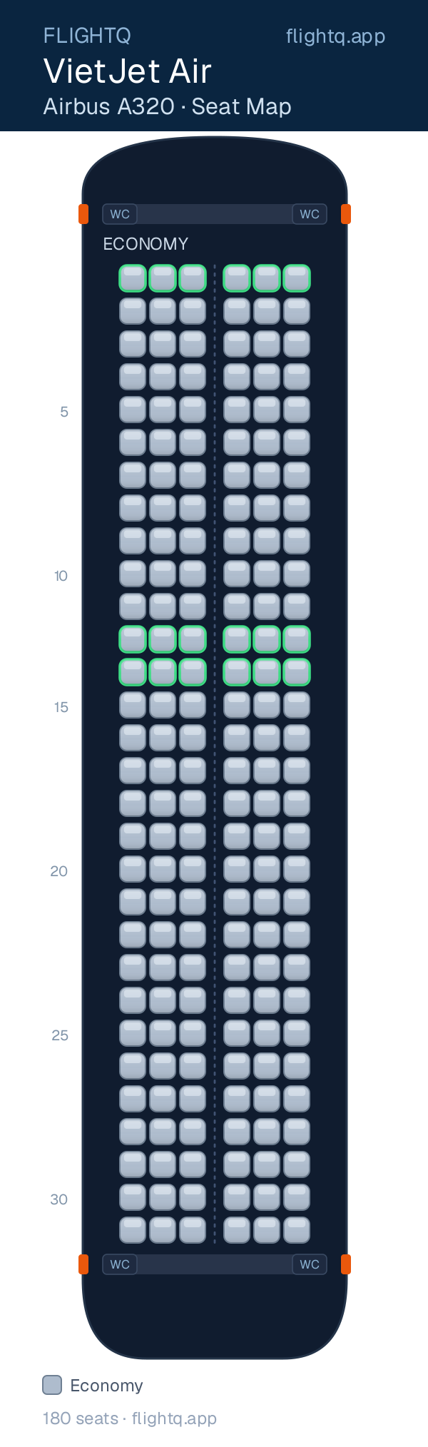 VietJet Air Airbus A320 seat map with 180 seats — best seats and rows to avoid
