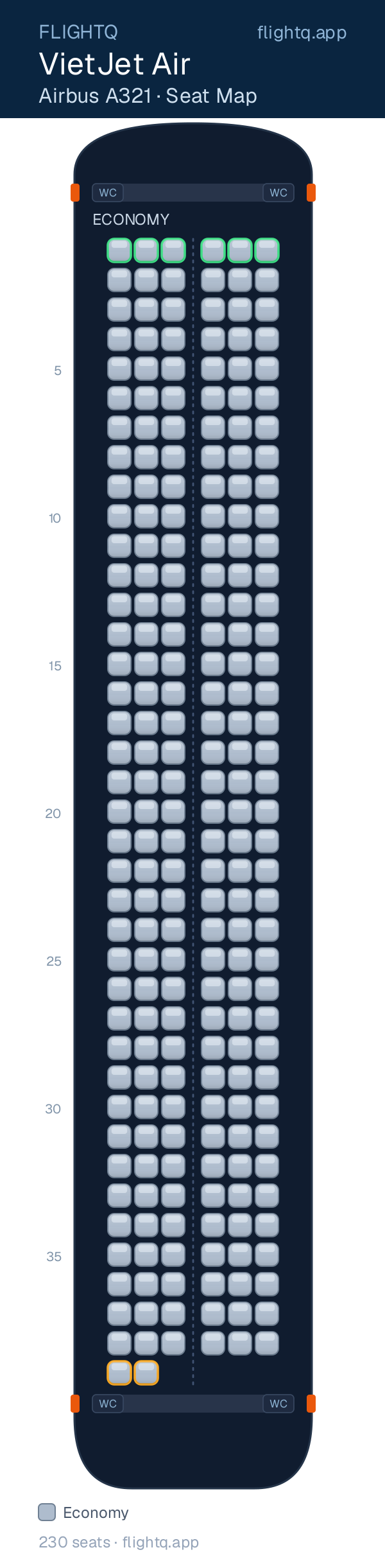 VietJet Air Airbus A321 seat map with 230 seats — best seats and rows to avoid