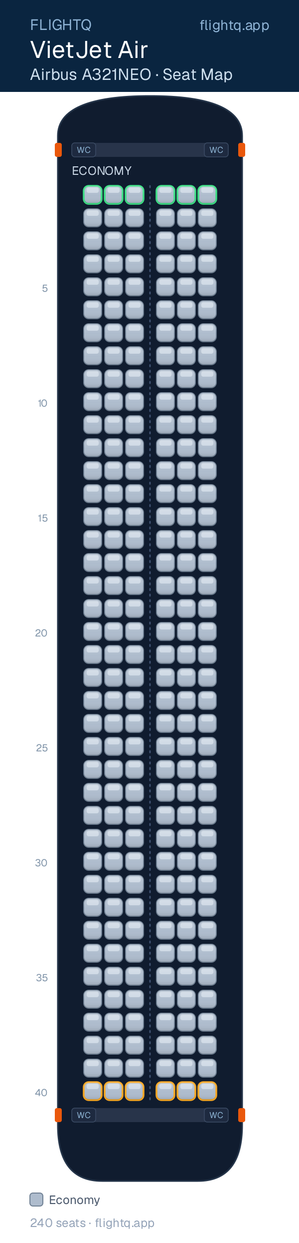 VietJet Air Airbus A321NEO seat map with 240 seats — best seats and rows to avoid