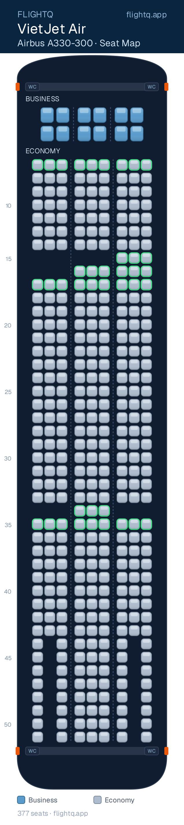 VietJet Air Airbus A330-300 seat map with 377 seats across 2 cabins — best seats and rows to avoid