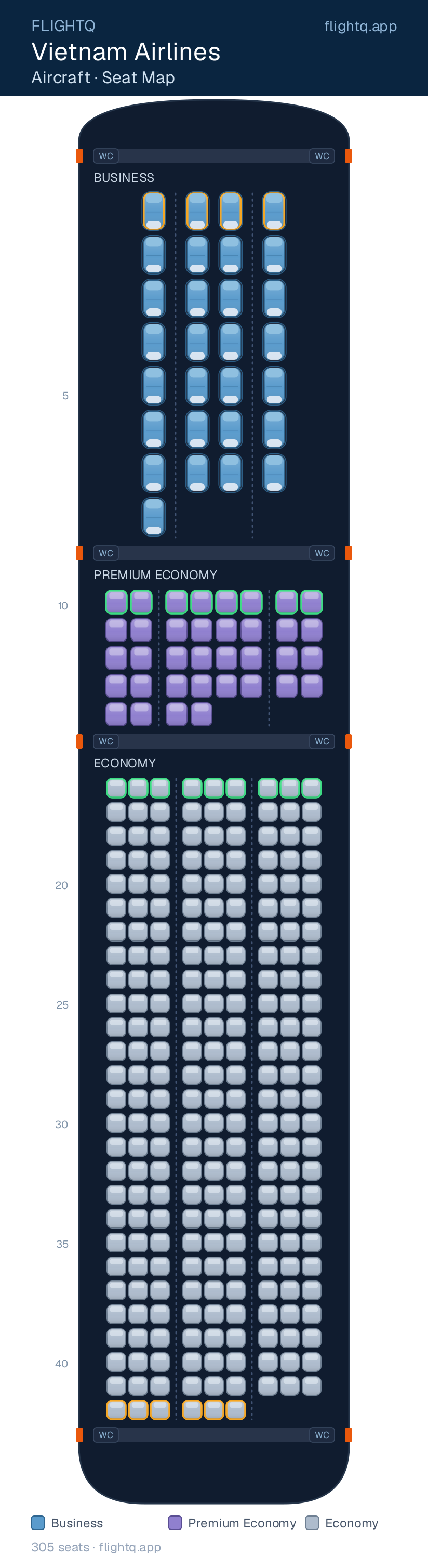 Vietnam Airlines seat map with 305 seats across 3 cabins — best seats and rows to avoid