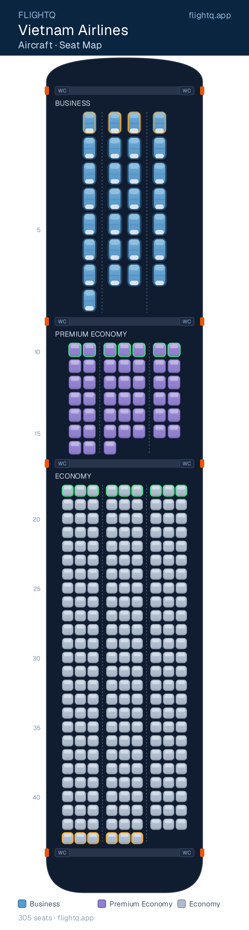 Vietnam Airlines seat map with 305 seats across 3 cabins — best seats and rows to avoid