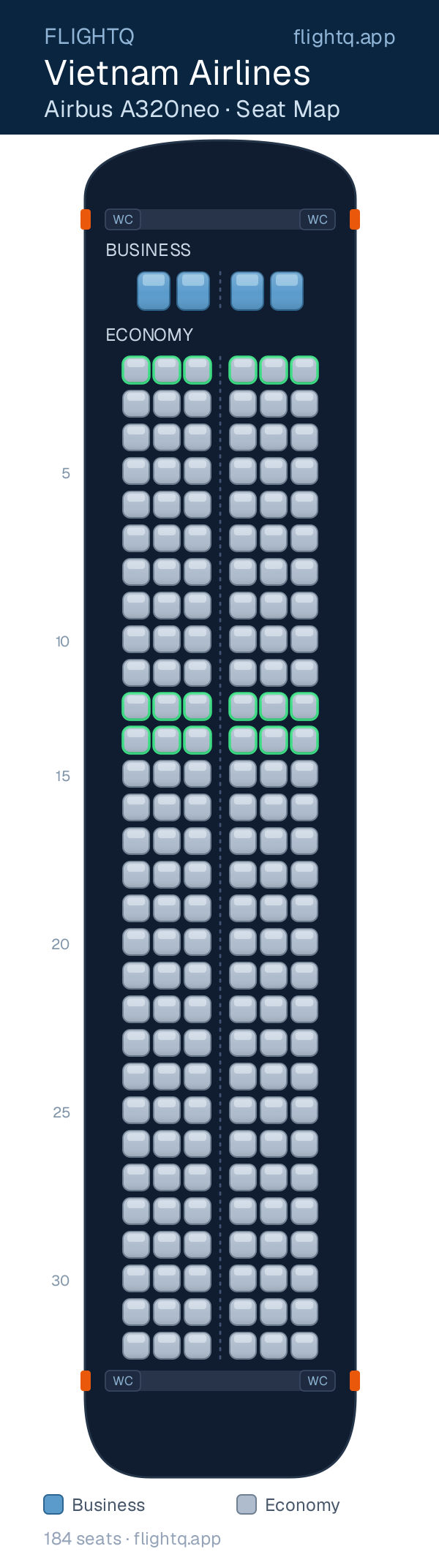 Vietnam Airlines Airbus A320neo seat map with 184 seats across 2 cabins — best seats and rows to avoid