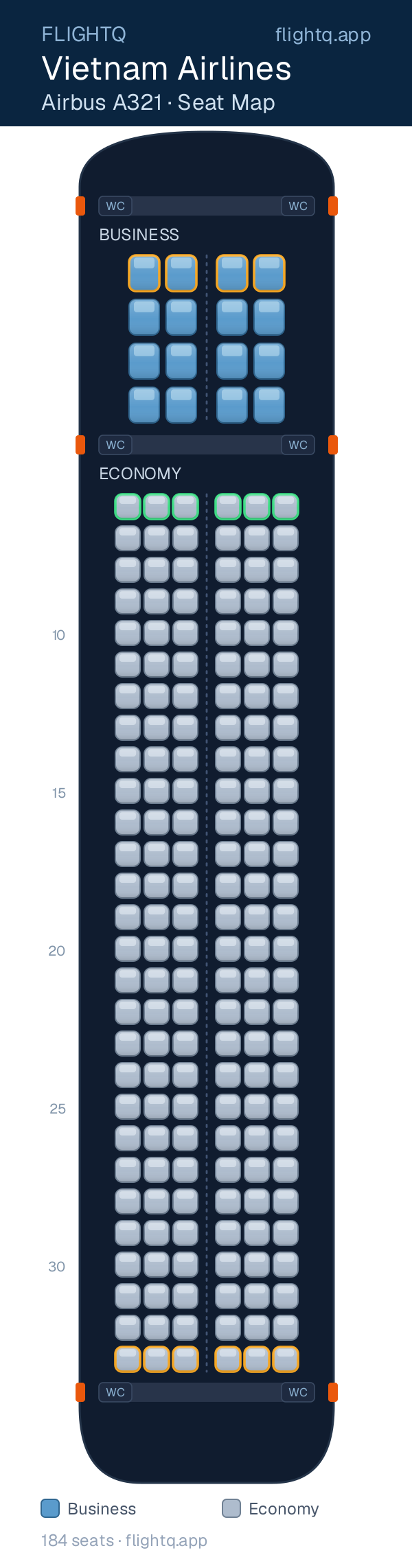 Vietnam Airlines Airbus A321 seat map with 184 seats across 2 cabins — best seats and rows to avoid