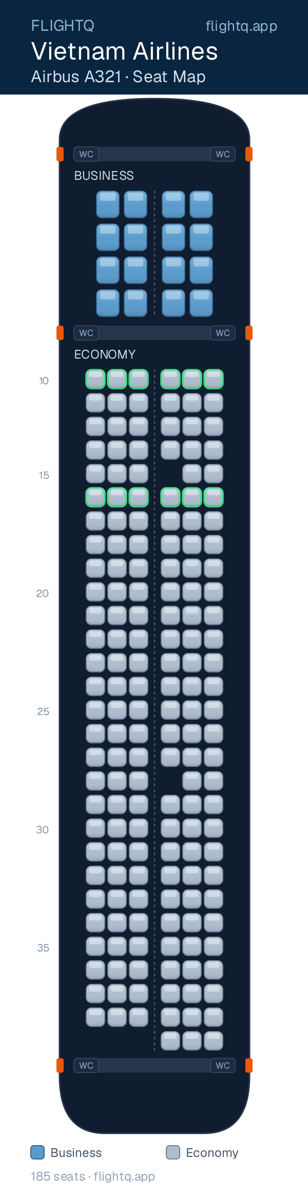 Vietnam Airlines Airbus A321 seat map with 185 seats across 2 cabins — best seats and rows to avoid