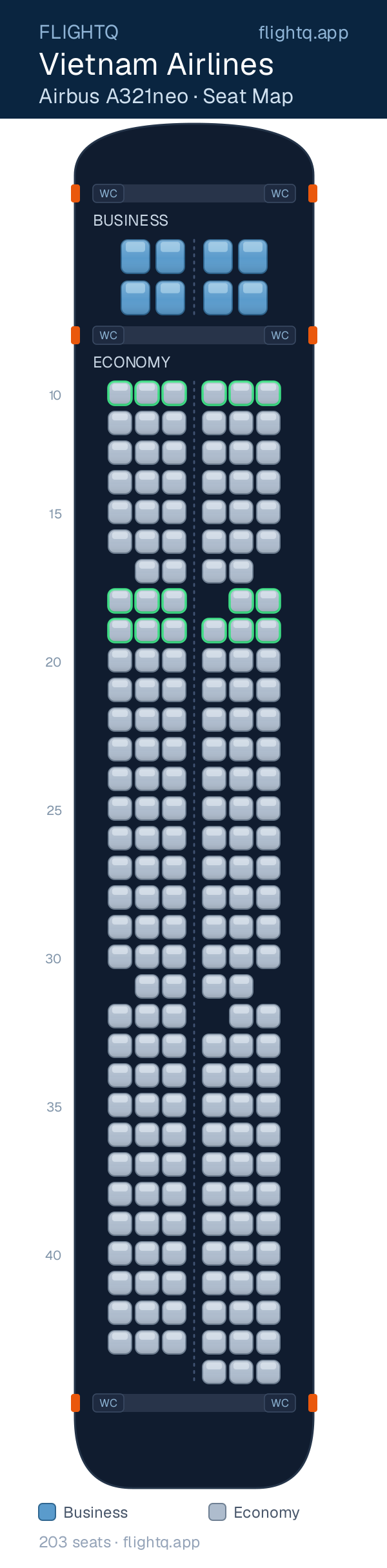 Vietnam Airlines Airbus A321neo seat map with 203 seats across 2 cabins — best seats and rows to avoid