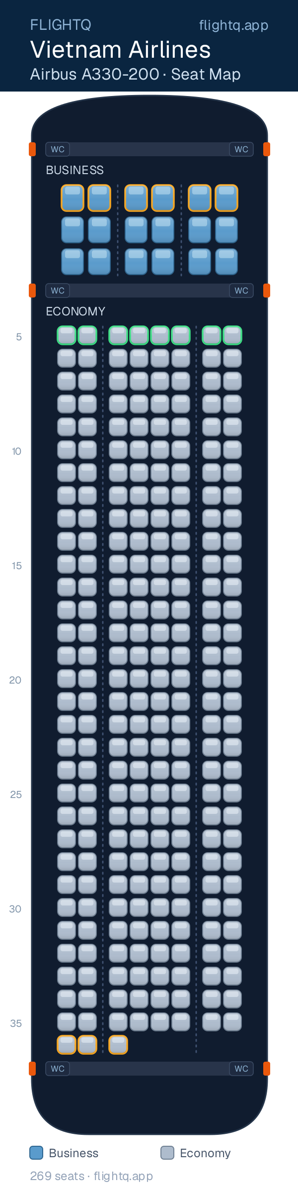Vietnam Airlines Airbus A330-200 seat map with 269 seats across 2 cabins — best seats and rows to avoid