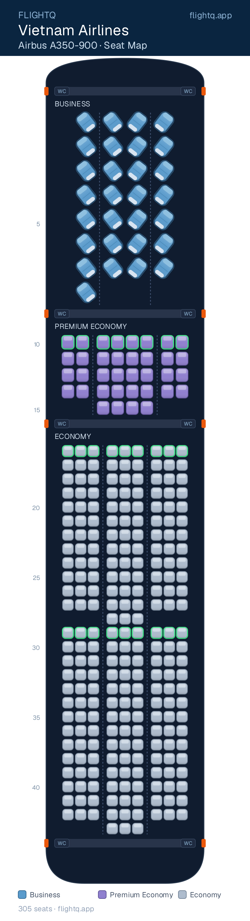 Vietnam Airlines Airbus A350-900 seat map with 305 seats across 3 cabins — best seats and rows to avoid