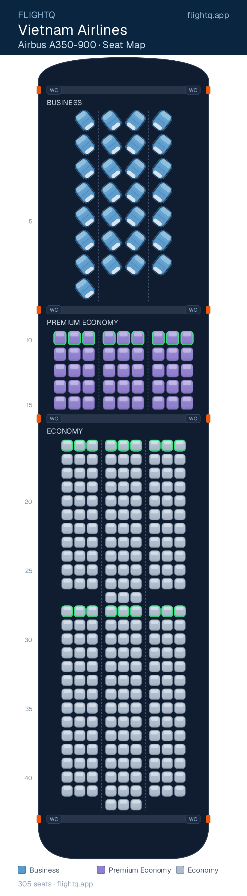 Vietnam Airlines Airbus A350-900 seat map with 305 seats across 3 cabins — best seats and rows to avoid