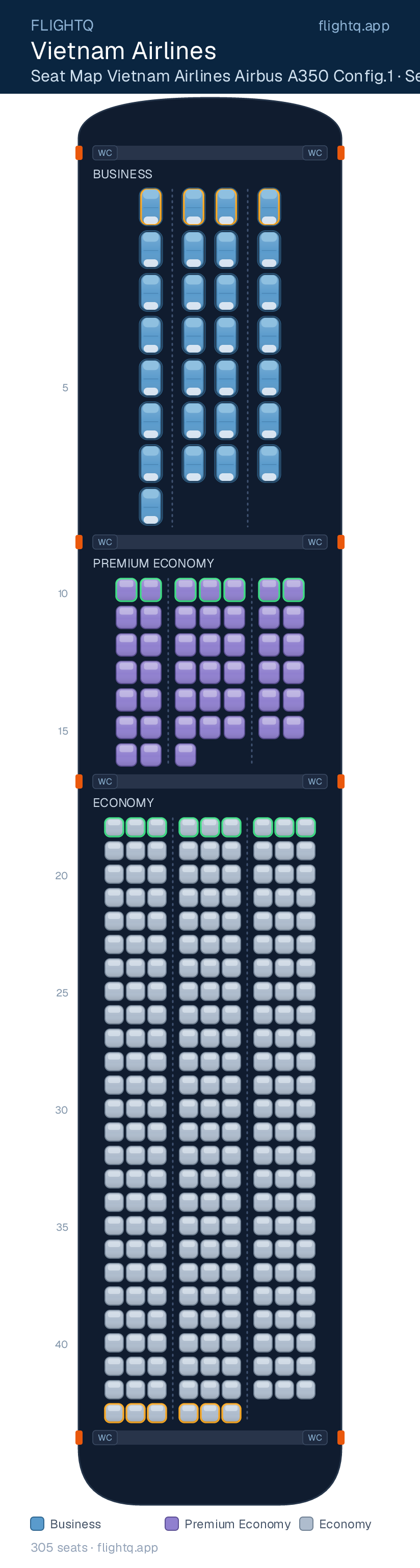 Vietnam Airlines Airbus A350 config 1 seat map with 305 seats across 3 cabins — rows to avoid