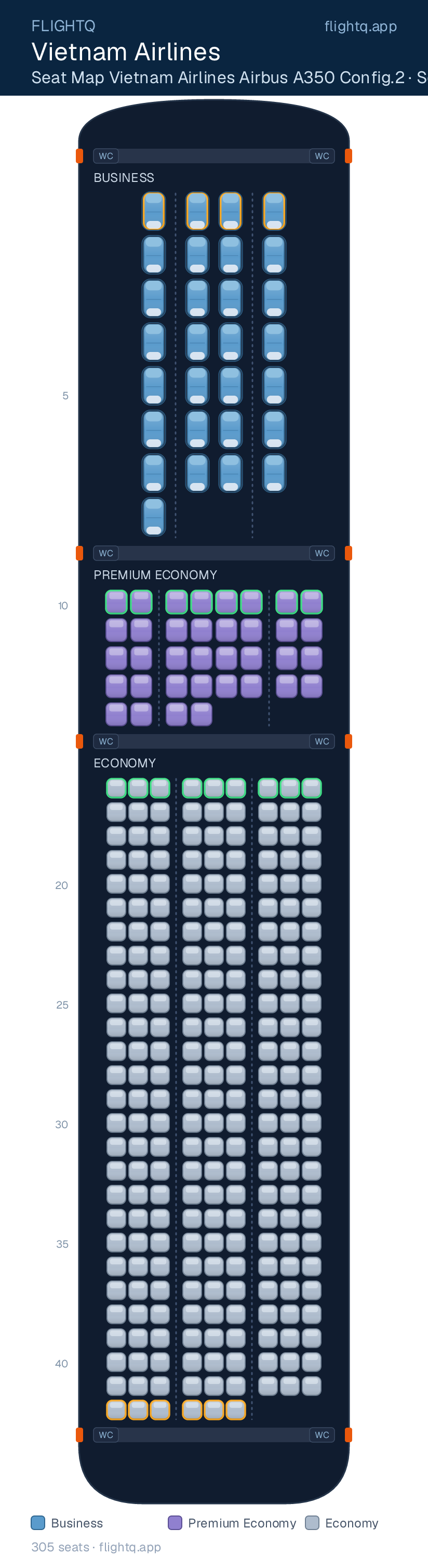 Vietnam Airlines Airbus A350 config 2 seat map with 305 seats across 3 cabins — rows to avoid