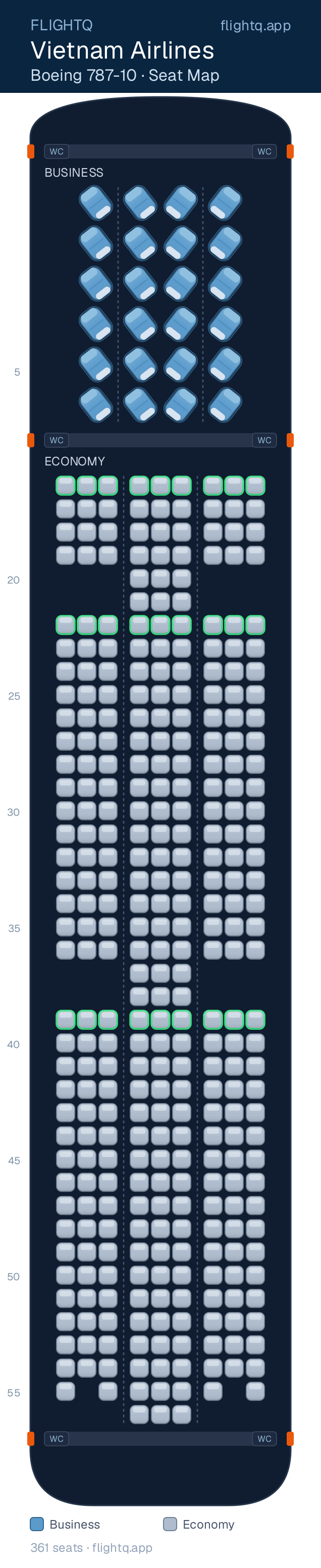 Vietnam Airlines Boeing 787-10 Dreamliner seat map with 361 seats across 2 cabins — best seats and rows to avoid