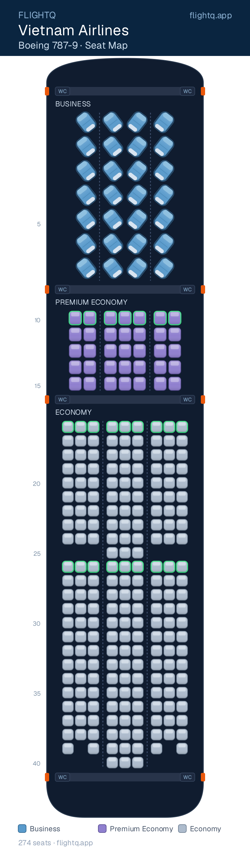Vietnam Airlines Boeing 787-9 Dreamliner seat map with 274 seats across 3 cabins — best seats and rows to avoid