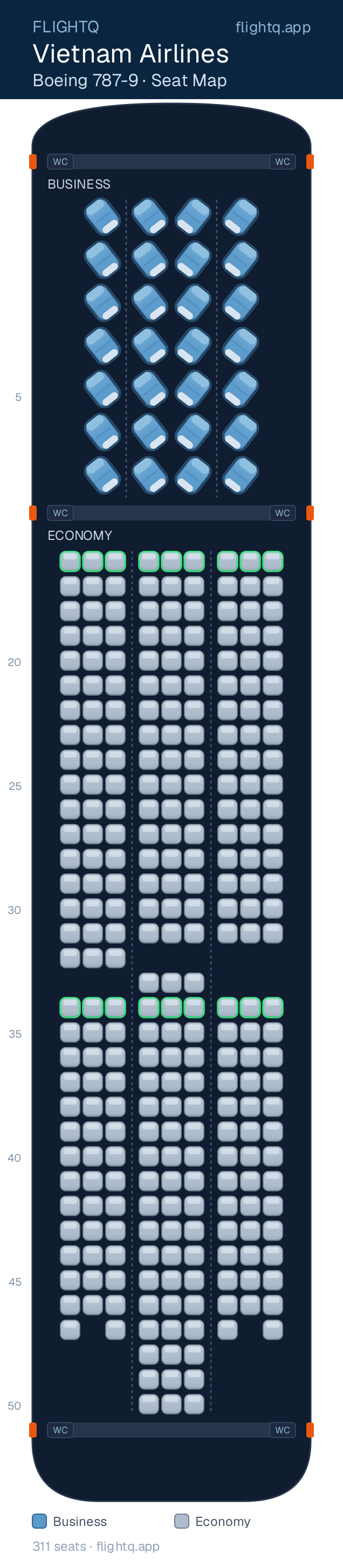 Vietnam Airlines Boeing 787-9 Dreamliner seat map with 311 seats across 2 cabins — best seats and rows to avoid