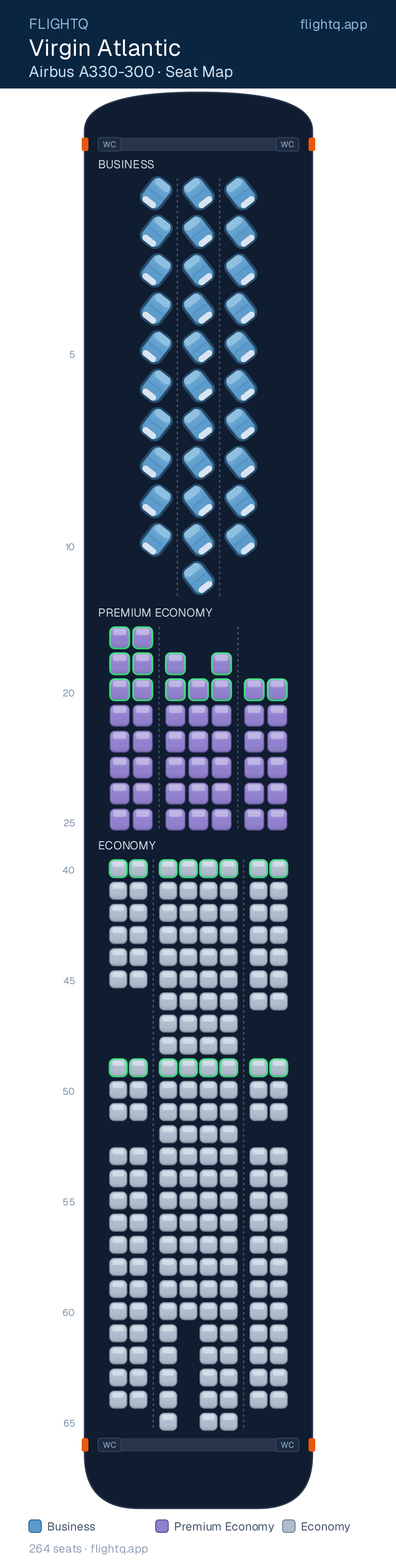 Virgin Atlantic Airbus A330-300 seat map with 264 seats across 3 cabins — best seats and rows to avoid