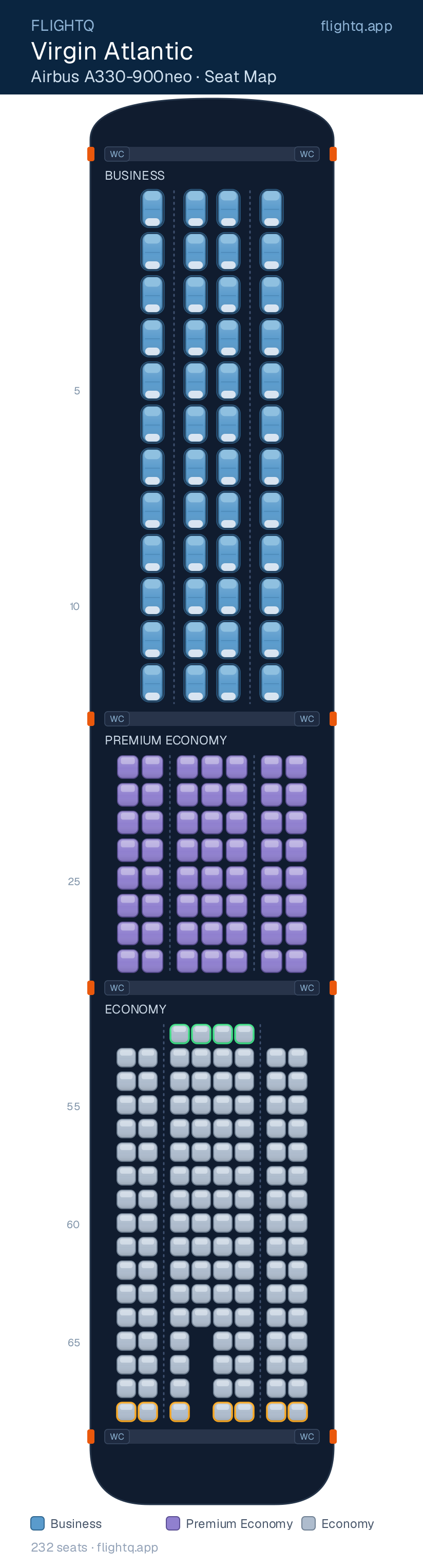 Virgin Atlantic Airbus A330-900neo seat map with 232 seats across 3 cabins — best seats and rows to avoid