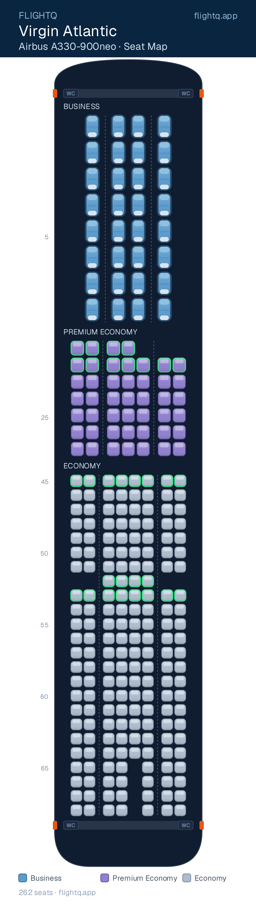 Virgin Atlantic Airbus A330-900neo seat map with 262 seats across 3 cabins — best seats and rows to avoid