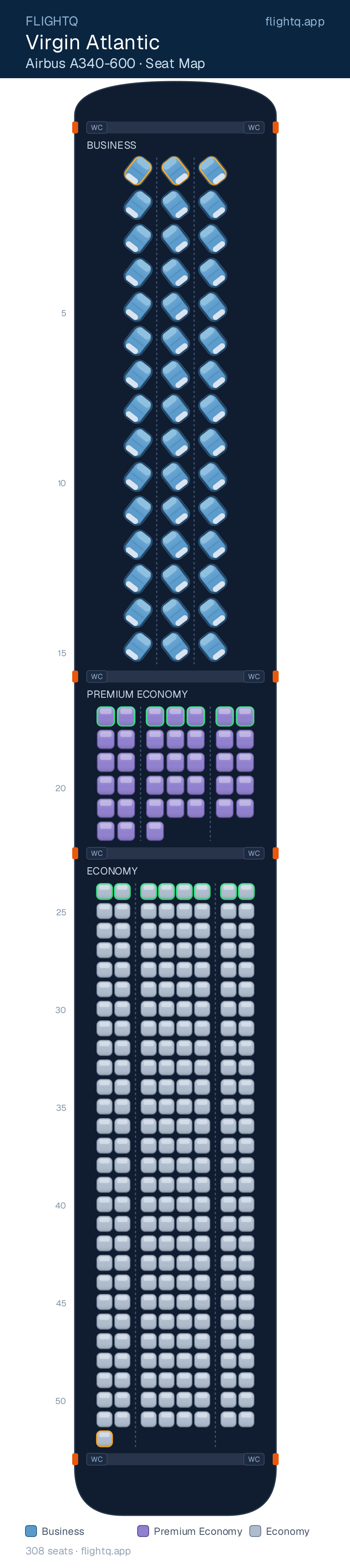 Virgin Atlantic Airbus A340-600 seat map with 308 seats across 3 cabins — best seats and rows to avoid