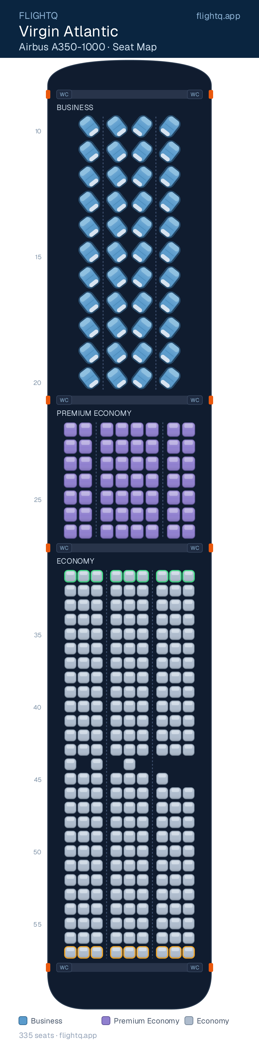 Virgin Atlantic Airbus A350-1000 seat map with 335 seats across 3 cabins — best seats and rows to avoid