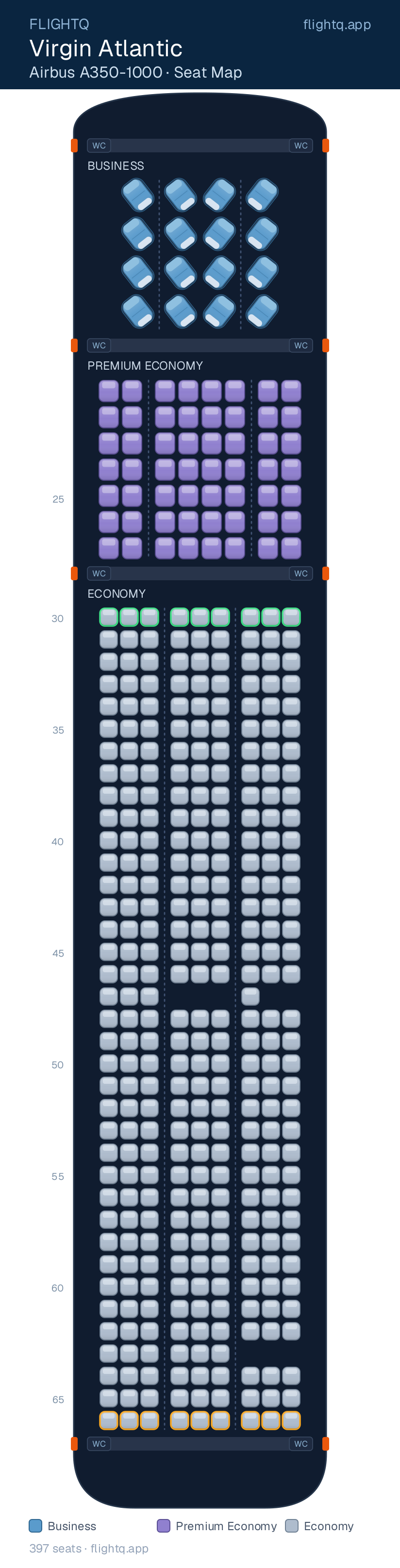 Virgin Atlantic Airbus A350-1000 seat map with 397 seats across 3 cabins — best seats and rows to avoid