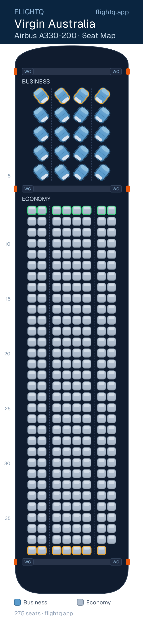 Virgin Australia Airbus A330-200 seat map with 275 seats across 2 cabins — best seats and rows to avoid