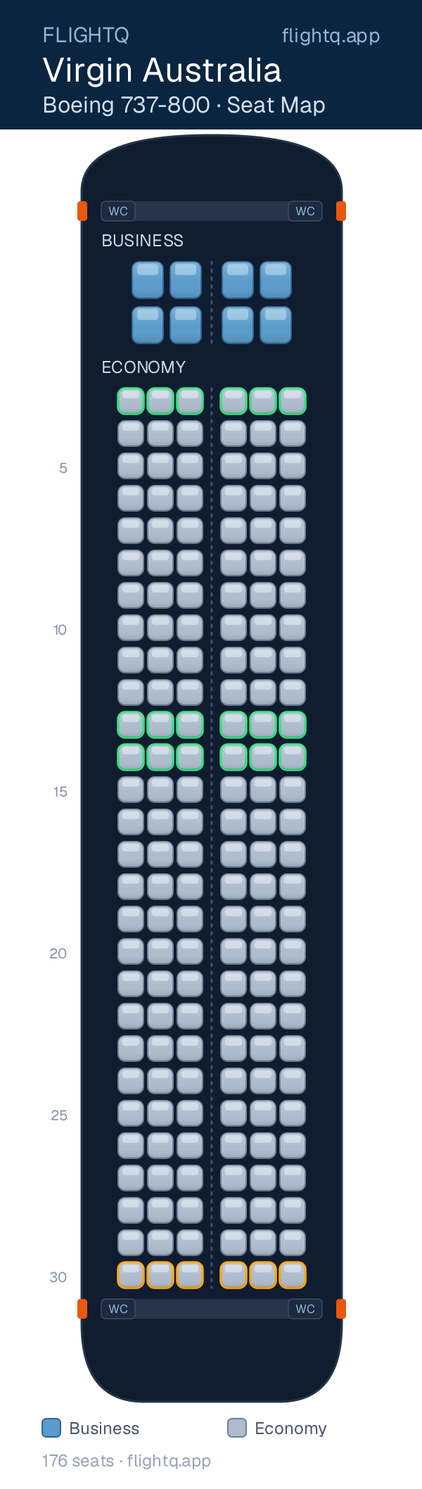 Virgin Australia Boeing 737-800 seat map with 176 seats across 2 cabins — best seats and rows to avoid