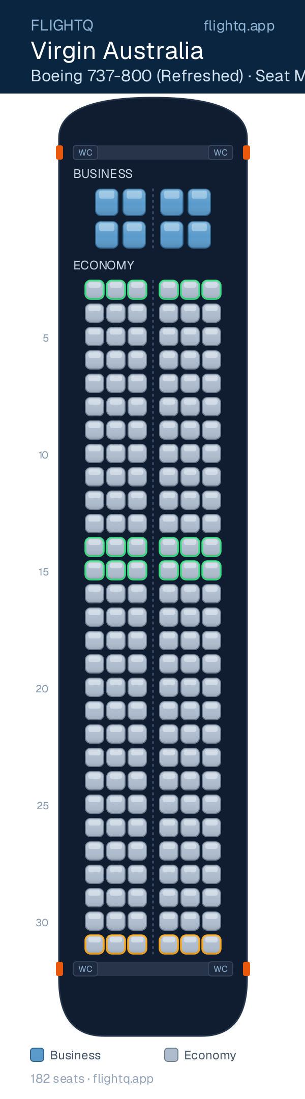 Virgin Australia Boeing 737-800 seat map with 182 seats across 2 cabins — best seats and rows to avoid