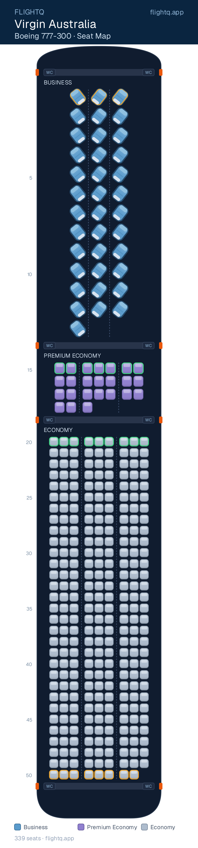 Virgin Australia Boeing 777-300ER seat map with 339 seats across 3 cabins — best seats and rows to avoid
