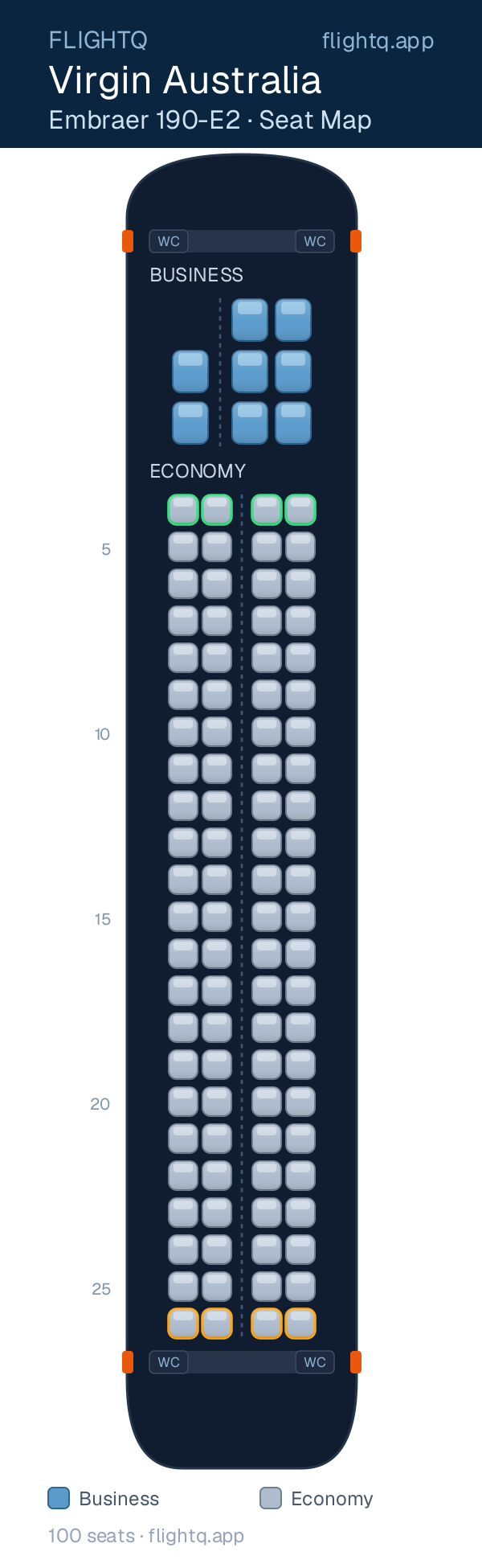 Virgin Australia Embraer E190-E2 seat map with 100 seats across 2 cabins — best seats and rows to avoid