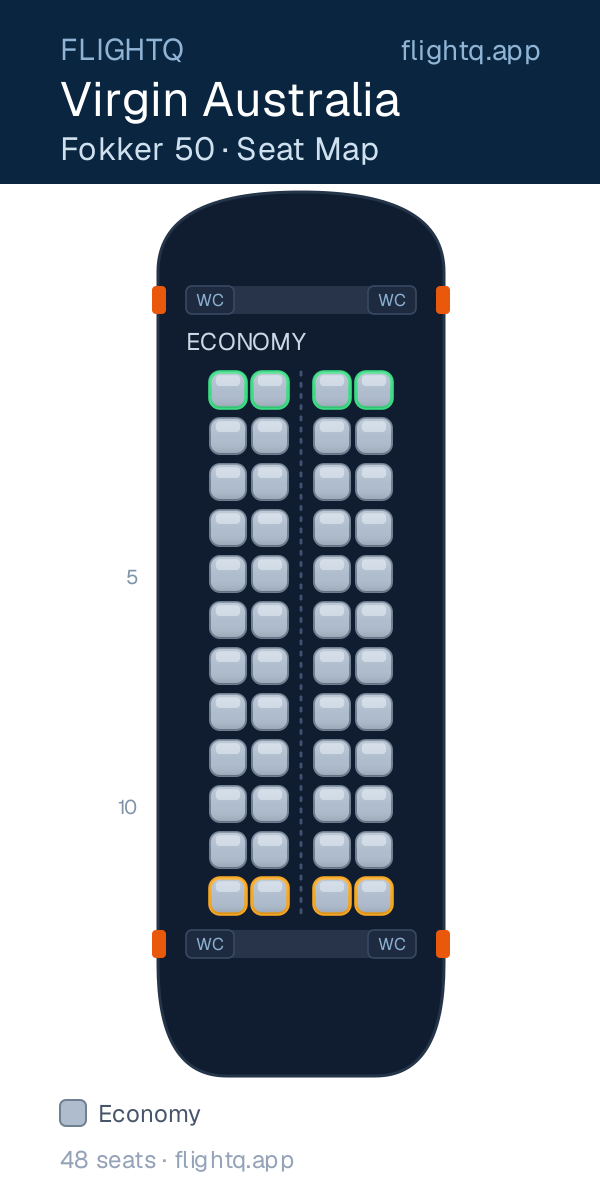 Virgin Australia Fokker 50 seat map with 48 seats — best seats and rows to avoid