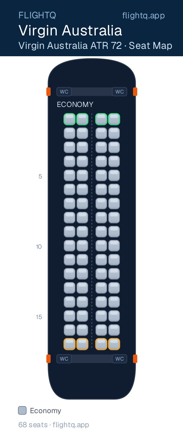 Virgin Australia ATR 72 seat map with 68 seats — best seats and rows to avoid