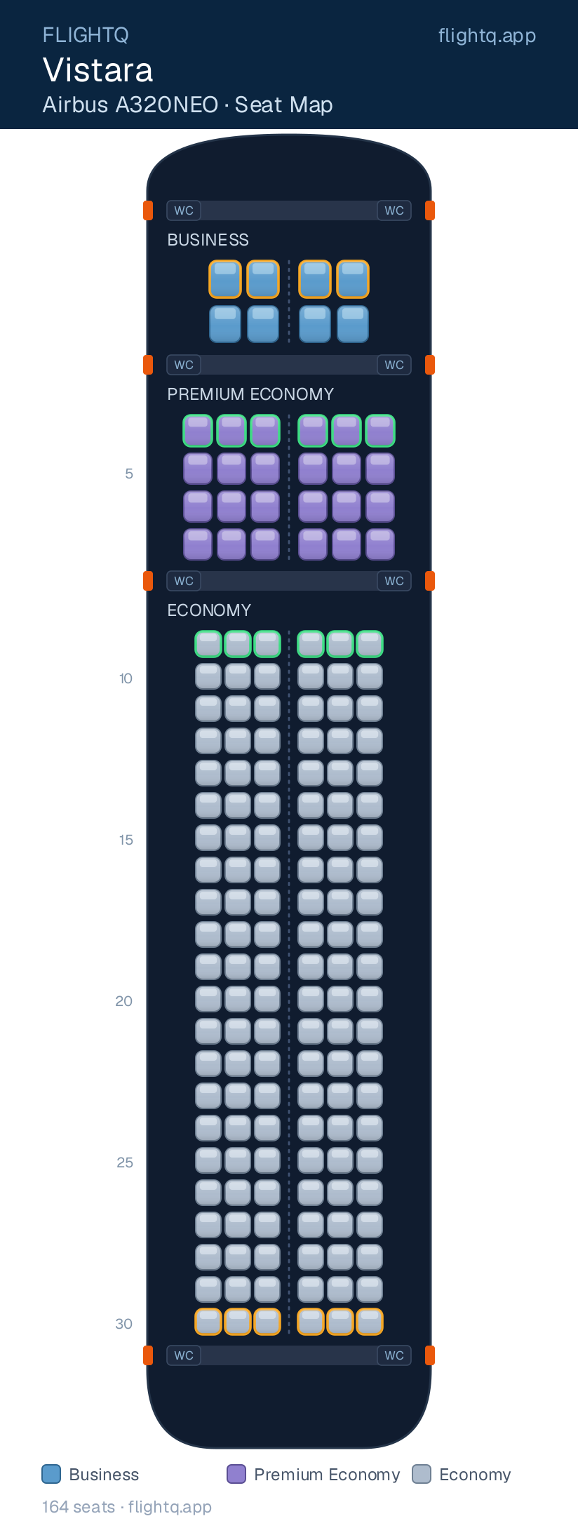 Vistara Airbus A320NEO seat map with 164 seats across 3 cabins — best seats and rows to avoid