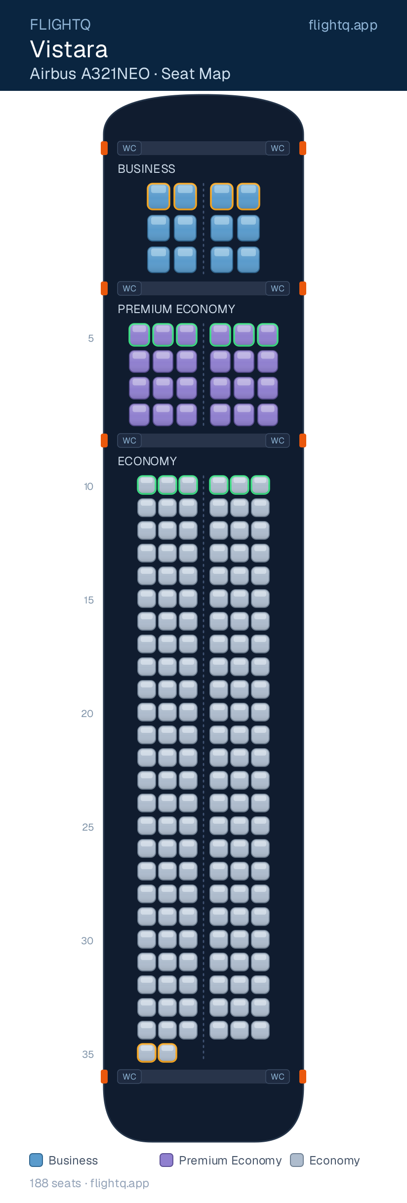 Vistara Airbus A321NEO seat map with 188 seats across 3 cabins — best seats and rows to avoid
