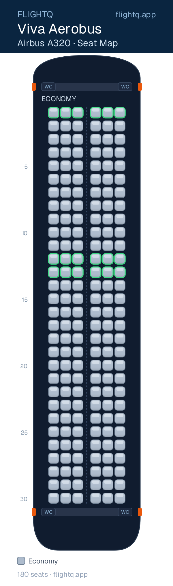 Viva Aerobus Airbus A320 seat map with 180 seats — best seats and rows to avoid