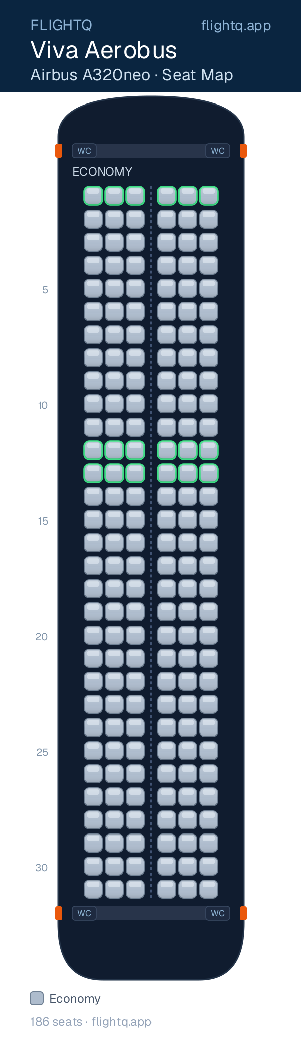Viva Aerobus Airbus A320neo seat map with 186 seats — best seats and rows to avoid