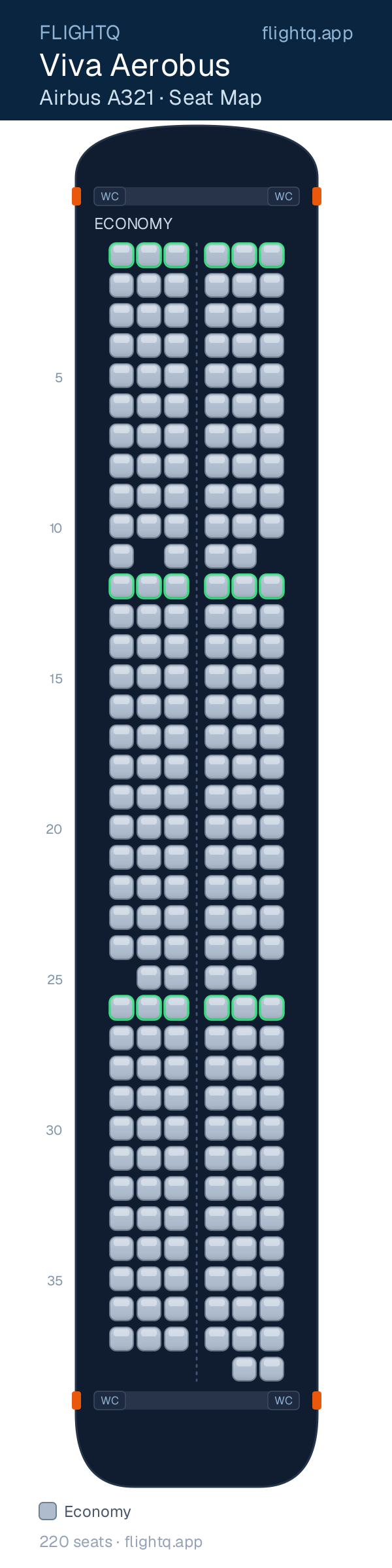 Viva Aerobus Airbus A321 seat map with 220 seats — best seats and rows to avoid