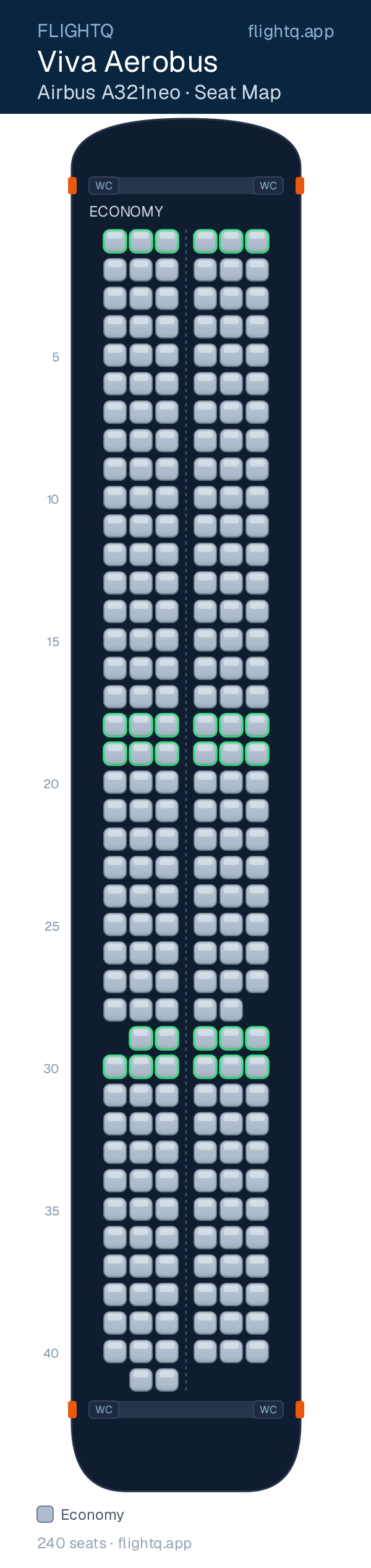 Viva Aerobus Airbus A321neo seat map with 240 seats — best seats and rows to avoid