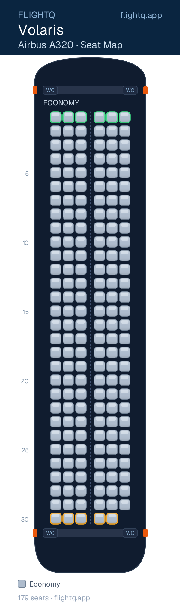 Volaris Airbus A320 seat map with 179 seats — best seats and rows to avoid