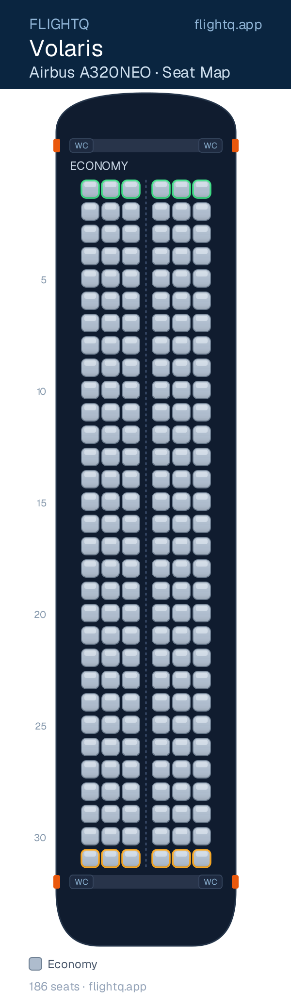 Volaris Airbus A320NEO seat map with 186 seats — best seats and rows to avoid
