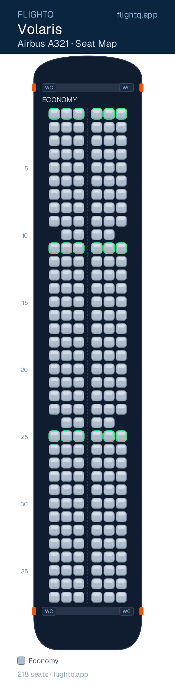Volaris Airbus A321 seat map with 218 seats — best seats and rows to avoid