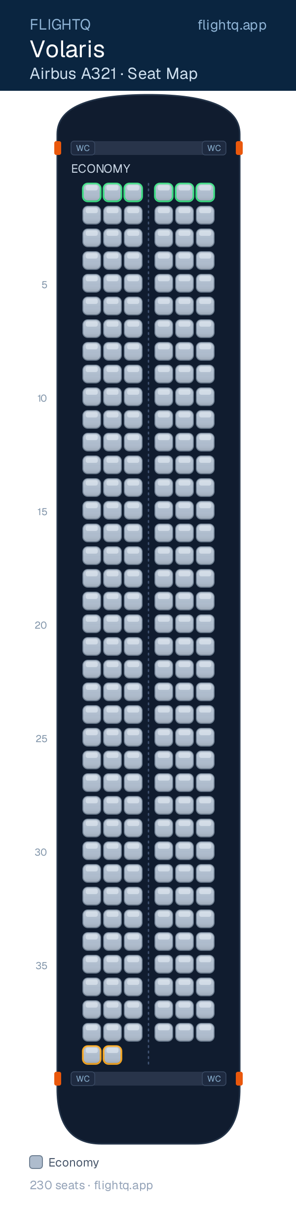 Volaris Airbus A321 seat map with 230 seats — best seats and rows to avoid