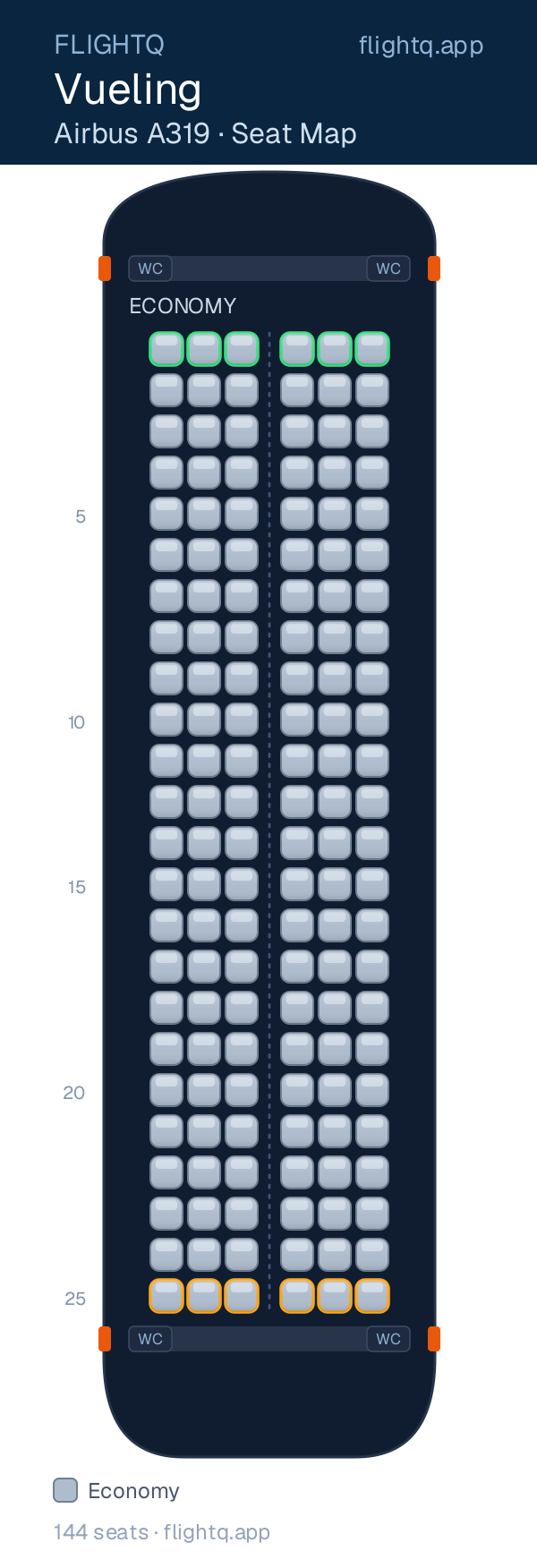 Vueling Airbus A319 seat map with 144 seats — best seats and rows to avoid