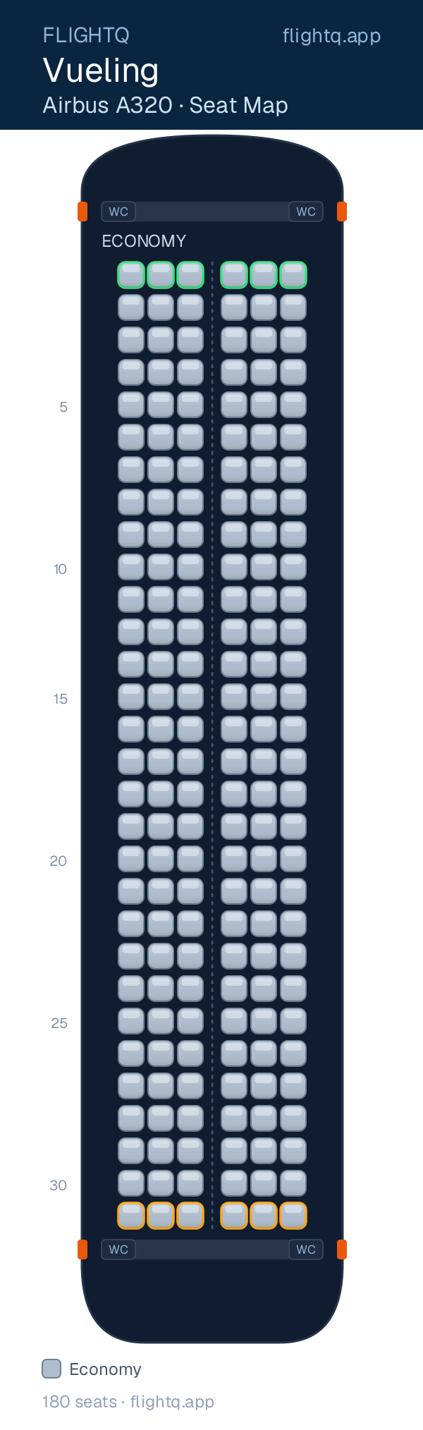 Vueling Airbus A320 seat map with 180 seats — best seats and rows to avoid