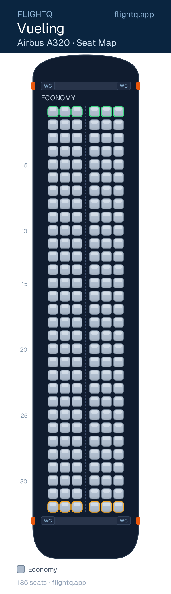 Vueling Airbus A320 seat map with 186 seats — best seats and rows to avoid