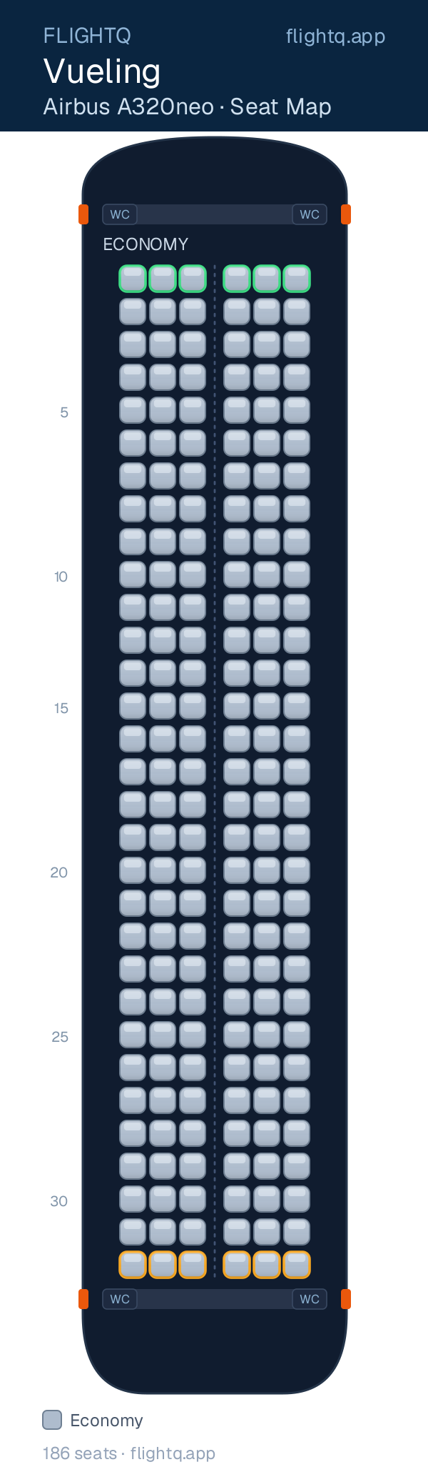 Vueling Airbus A320 seat map with 186 seats — best seats and rows to avoid