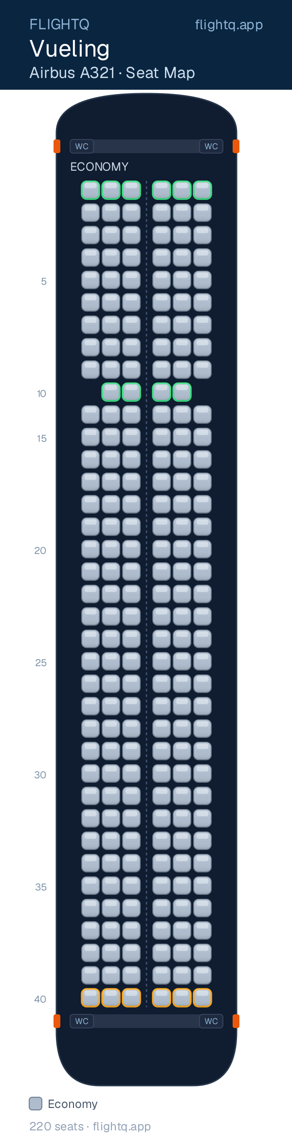 Vueling Airbus A321 seat map with 220 seats — best seats and rows to avoid