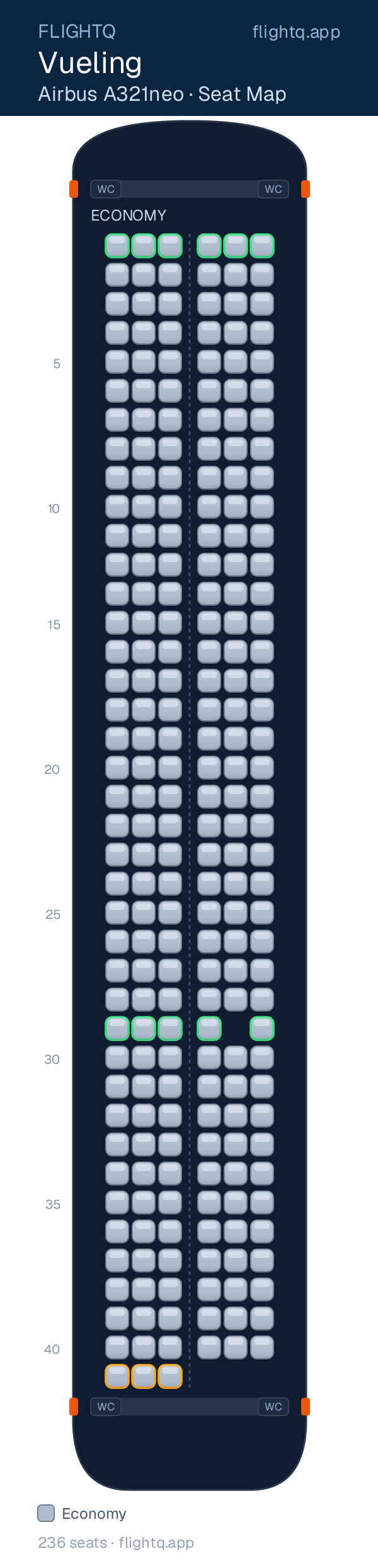 Vueling Airbus A321neo seat map with 236 seats — best seats and rows to avoid